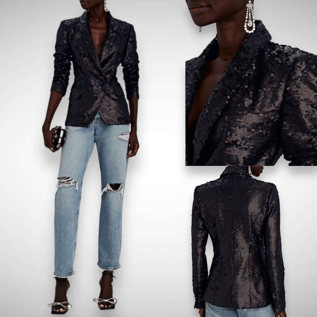 L'agence Kenzie Sequin Party Black Double Breasted Blazer Jacket Size 2 Glam